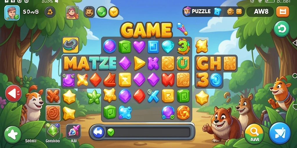 Screenshot utama AW8 menampilkan gameplay Match-3 yang menarik.