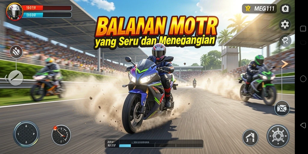 Tampilan dari gameplay MEGA111 yang penuh aksi balapan motor.