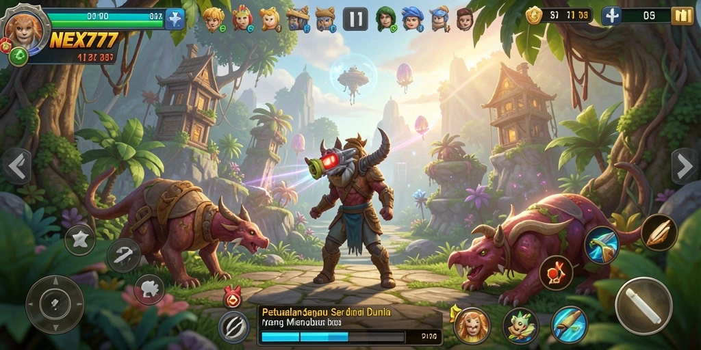 Screenshot NEX777 menampilkan karakter menjelajahi dunia petualangan yang penuh warna.